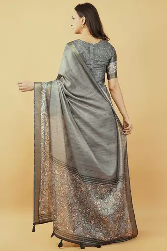 Grey polyester printed saree with blouse