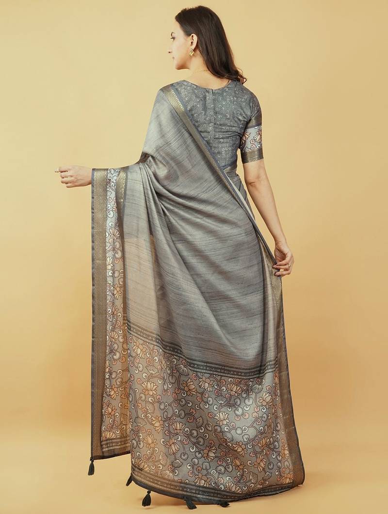 Grey polyester printed saree with blouse