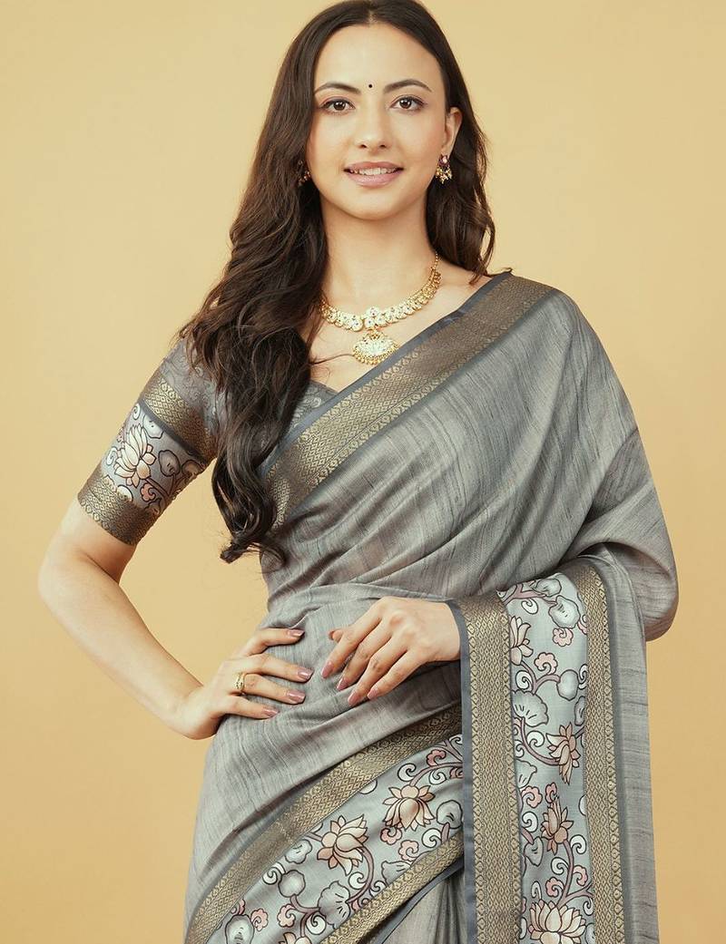 Grey polyester printed saree with blouse