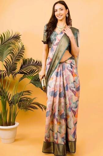 Multicolor polyester printed saree with blouse
