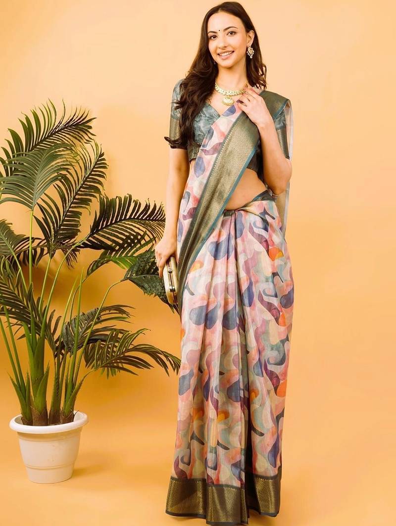 Multicolor polyester printed saree with blouse