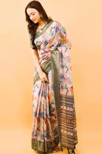 Multicolor polyester printed saree with blouse