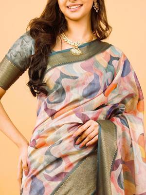 Multicolor polyester printed saree with blouse 5