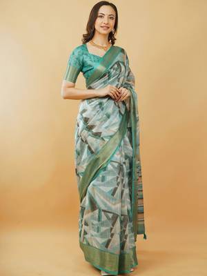 White polyester printed saree with blouse 1
