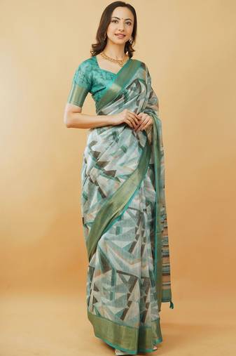 White polyester printed saree with blouse