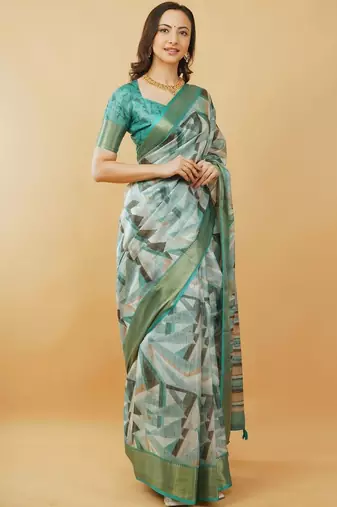White polyester printed saree with blouse