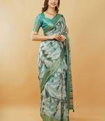 White polyester printed saree with blouse