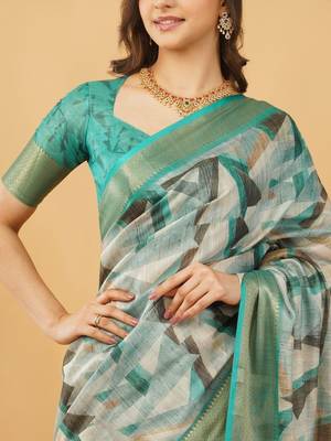 White polyester printed saree with blouse 2