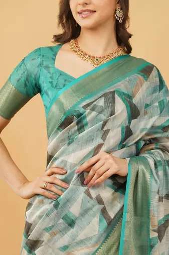 White polyester printed saree with blouse