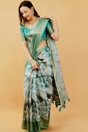 White polyester printed saree with blouse