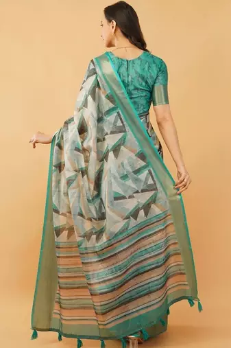 White polyester printed saree with blouse