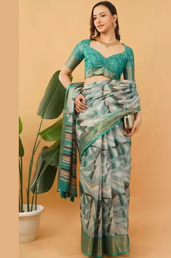 White polyester printed saree with blouse