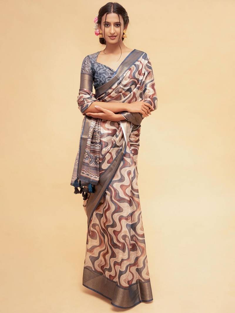 Multicolor polyester printed saree with blouse