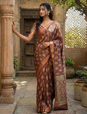 Brown polyester woven design saree with blouse 1