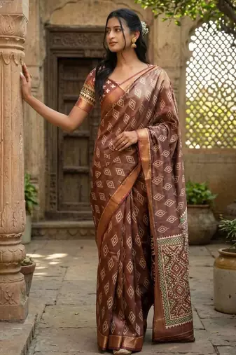 Brown polyester woven design saree with blouse