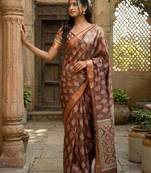 Brown polyester woven design saree with blouse