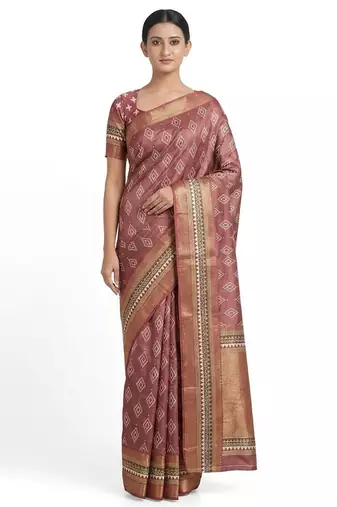 Brown polyester woven design saree with blouse