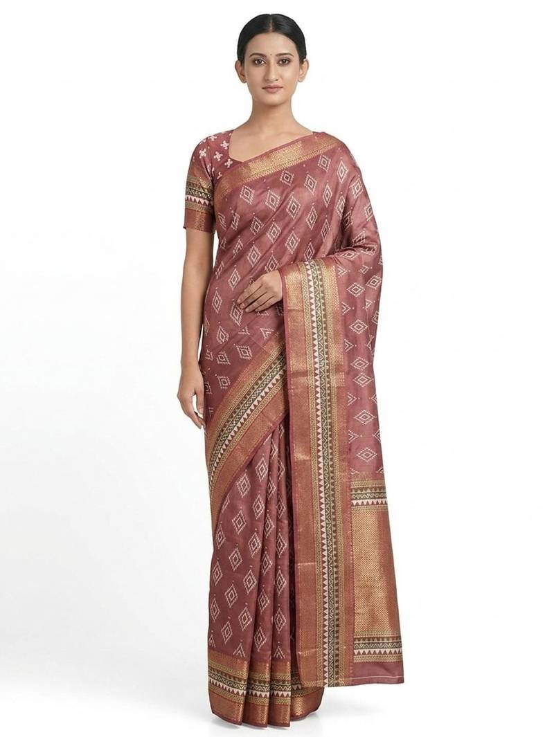 Brown polyester woven design saree with blouse