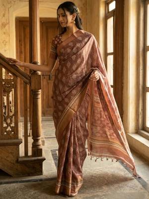Brown polyester woven design saree with blouse 3