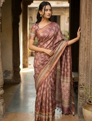 Brown polyester woven design saree with blouse 4