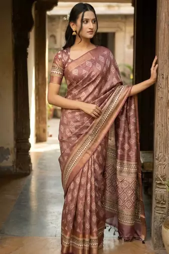 Brown polyester woven design saree with blouse