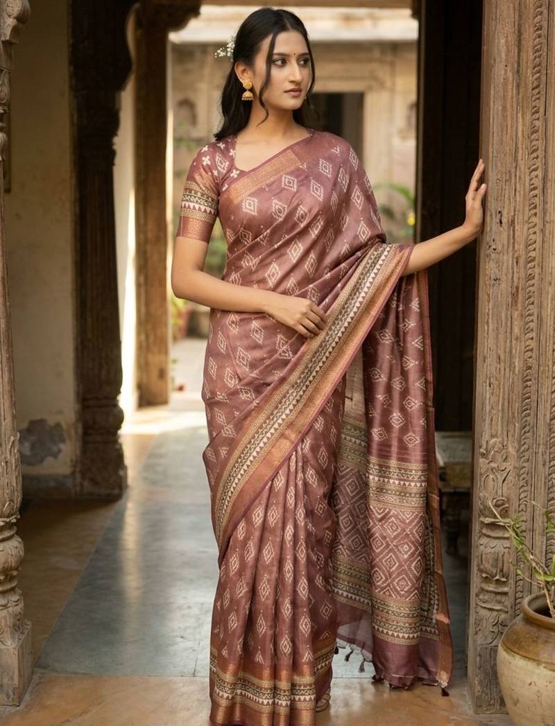 Brown polyester woven design saree with blouse