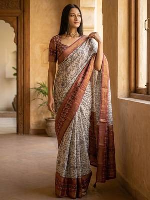 Off white polyester printed saree with blouse 1