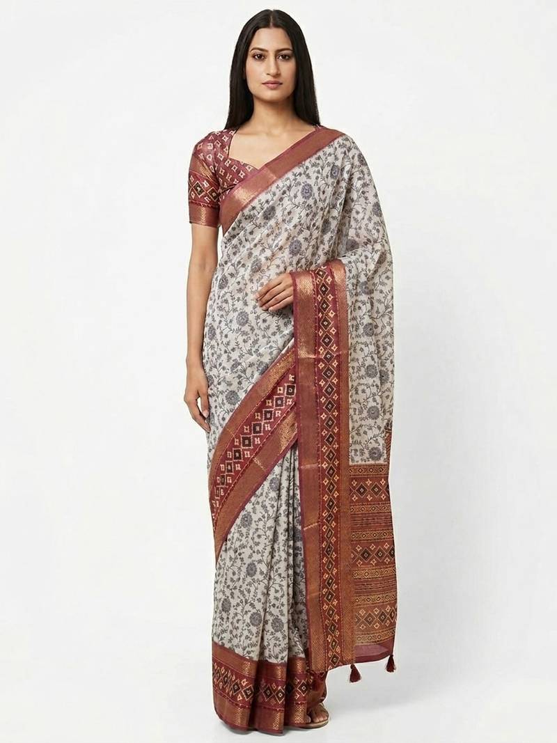 Off white polyester printed saree with blouse