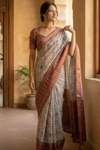 Off white polyester printed saree with blouse