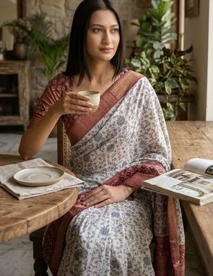 Off white polyester printed saree with blouse 5
