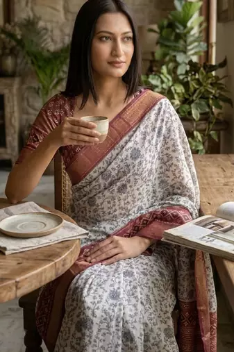 Off white polyester printed saree with blouse