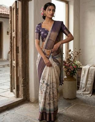 Off white polyester printed saree with blouse 1