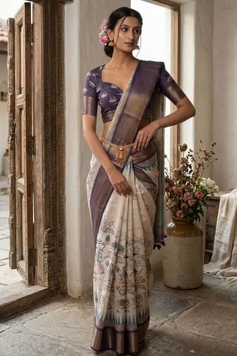 Off white polyester printed saree with blouse