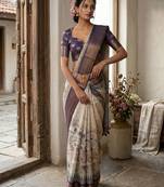 Off white polyester printed saree with blouse