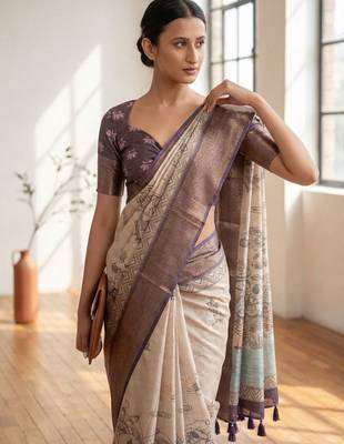 Off white polyester printed saree with blouse 2