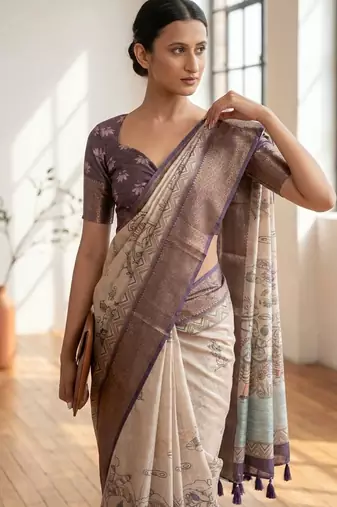 Off white polyester printed saree with blouse
