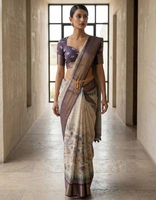 Off white polyester printed saree with blouse 3