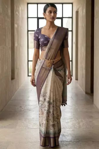Off white polyester printed saree with blouse