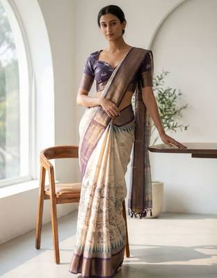 Off white polyester printed saree with blouse 4