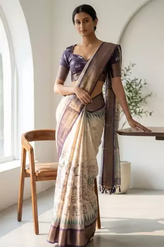 Off white polyester printed saree with blouse