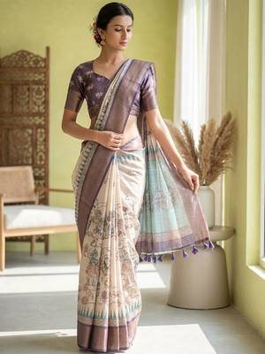Off white polyester printed saree with blouse 5