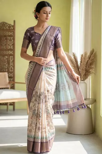 Off white polyester printed saree with blouse