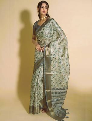 Sea green polyester woven design saree with blouse 1