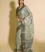 Sea green polyester woven design saree with blouse