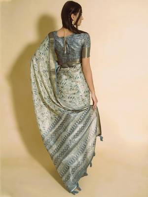 Sea green polyester woven design saree with blouse 2
