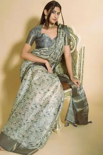Sea green polyester woven design saree with blouse
