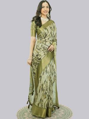 Olive polyester printed saree with blouse 1
