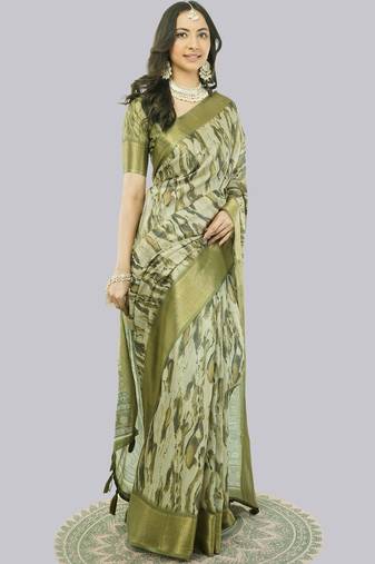 Olive polyester printed saree with blouse
