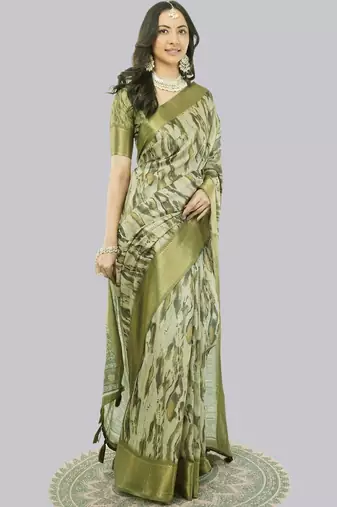 Olive polyester printed saree with blouse