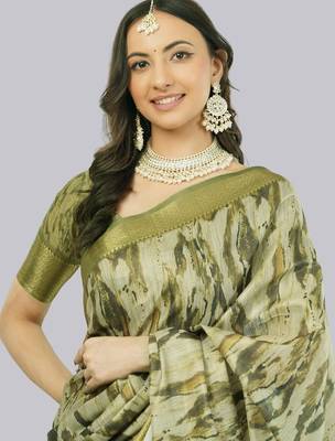 Olive polyester printed saree with blouse 2
